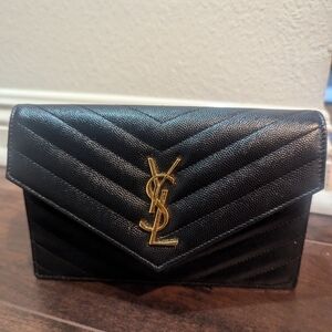 YSL monogram small wallet with chain, Black with gold chain. 4.9"H x 7.5"W x 1.4